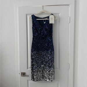 Sleeveless Navy to Silver Sequin Ombre Midi Dress